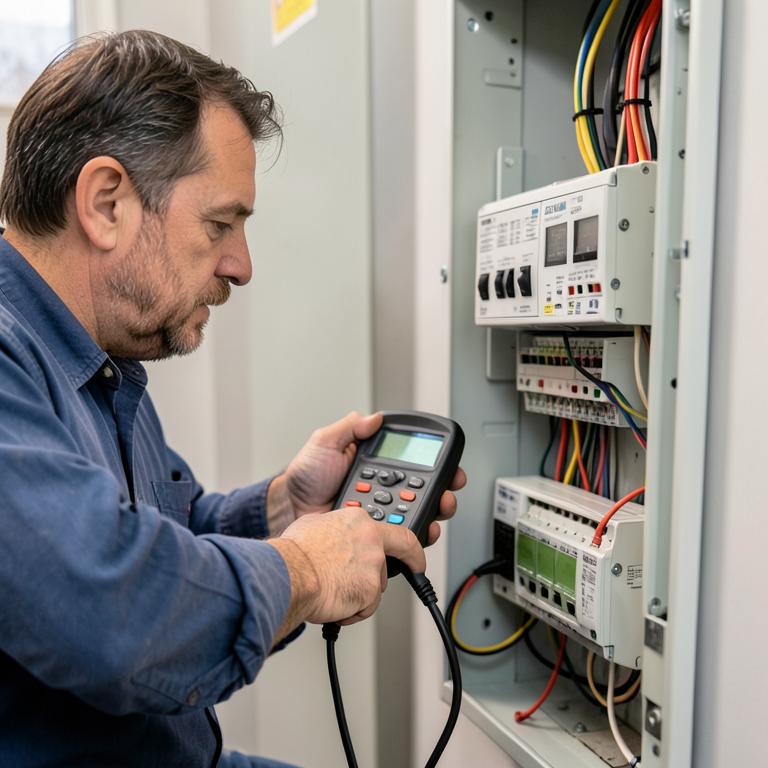 Profissional usando instrumento de diagnóstico junto ao quadro elétrico