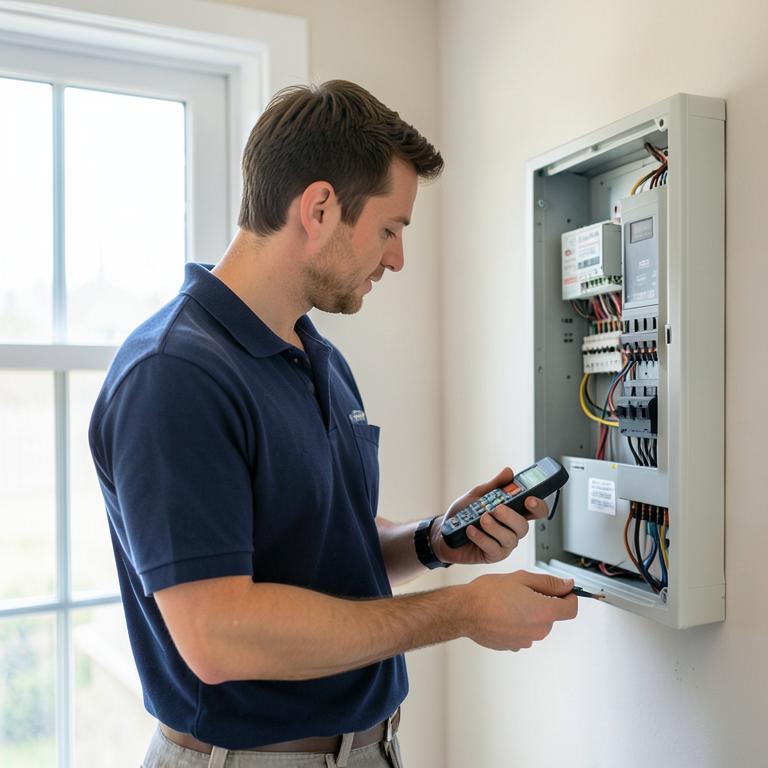 Atendimento técnico com ferramentas de diagnóstico junto ao quadro elétrico